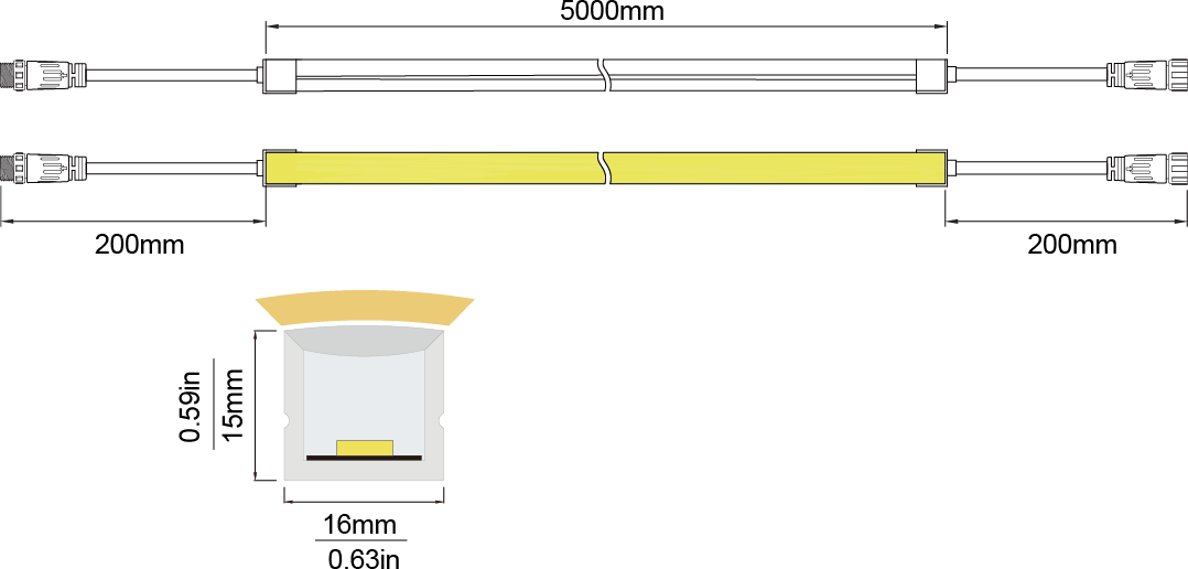 LED Neon Flex Top view-L:16×15 IP68 Solid Waterproof Technical Specifications