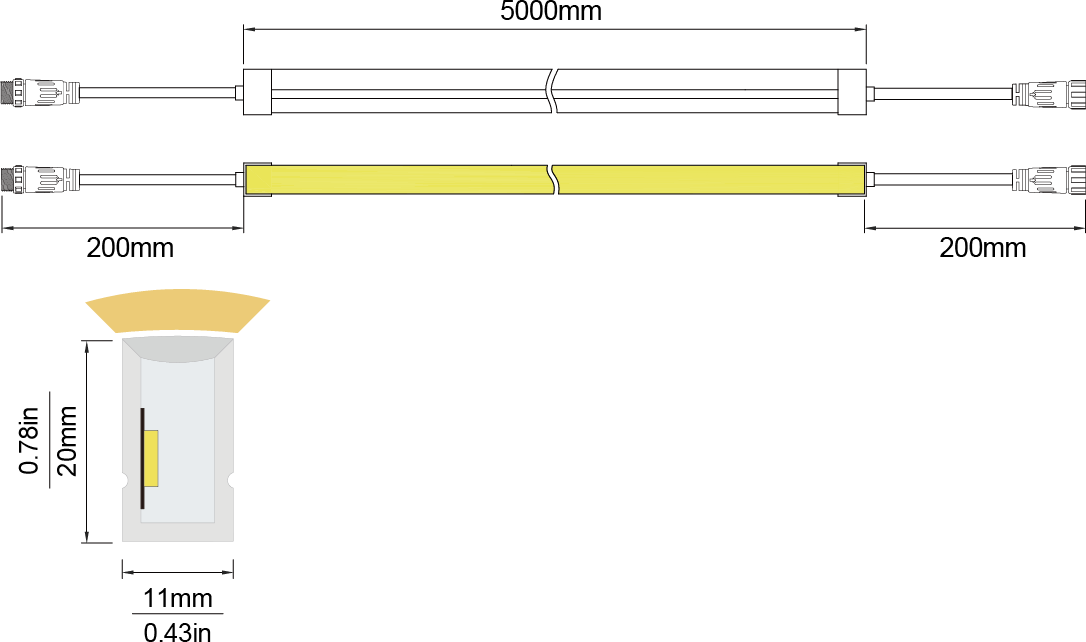LED Neon Flex Side View-L：11X20 IP68 Solid Waterproof Technical Specifications