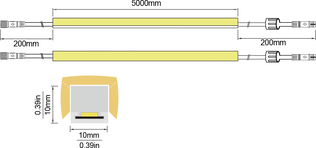 LED Neon Flex 3-face view-S：10X10 IP68 Solid Waterproof Technical Specifications