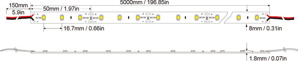 LED Strip light 3528-60D-8MM-12V IP20-IP65-IP66-IP67-IP68 Technical Specifications