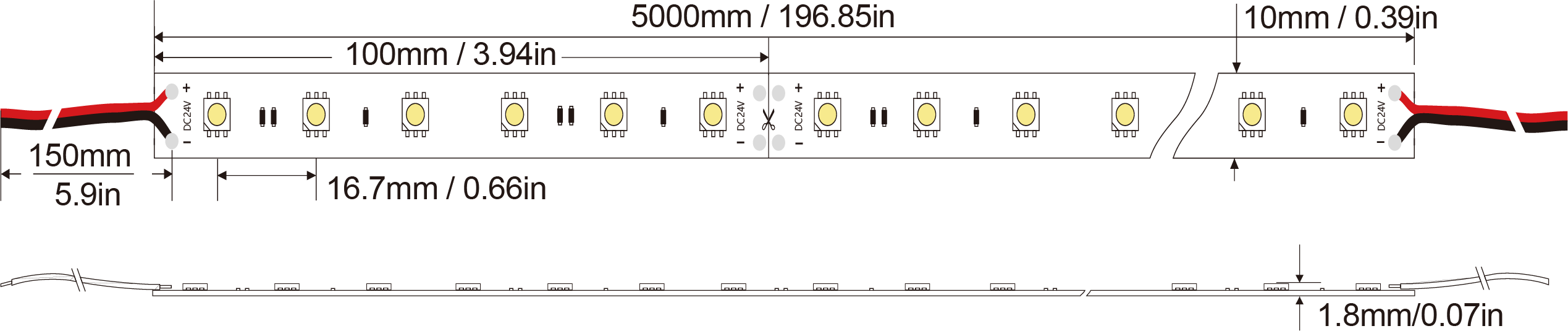 LED Strip light 5050-60D-10MM-24V IP20-IP65-IP66-IP67-IP68 Technical Specifications