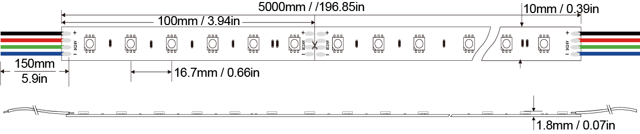 LED Strip light 5050RGB-60D-10MM-24V IP20-IP65-IP66-IP67-IP68 Technical Specifications