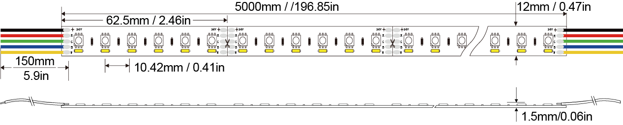 LED Strip light 3535RGB+3014W-180D-10MM-24V IP20-IP65-IP66-IP67-IP68 Technical Specifications