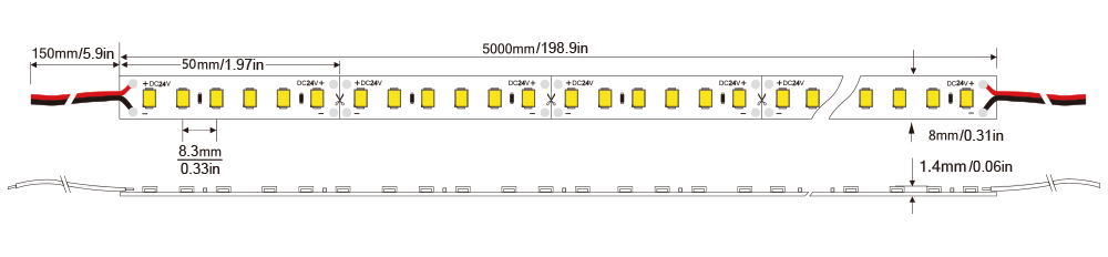 LED Strip light 2835-120D-8MM-24v IP20-IP65-IP66-IP67-IP68 Technical Specifications