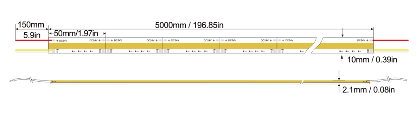 CCT Color COB Series: COB-640D-10MM-24V  IP20-IP65-IP67-IP68 Technical Specifications