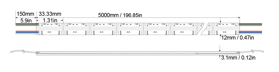 RGBW Color COB Series: COB-840D-12MM-24V IP20-IP65-IP67-IP68 Technical Specifications