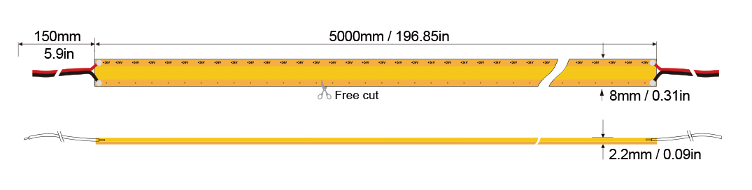 Free Cutting COB Series :COB-528D-8MM-24V IP20-IP65-IP67-IP68 Technical Specifications