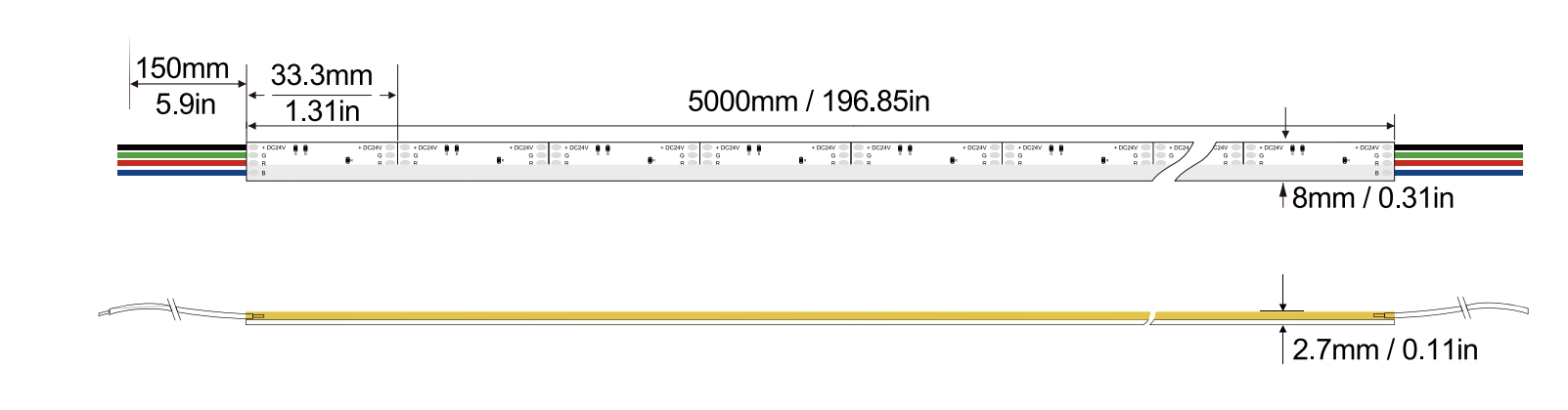 侧发光系列 ：COB-630D-8MM-24V Technical Specifications